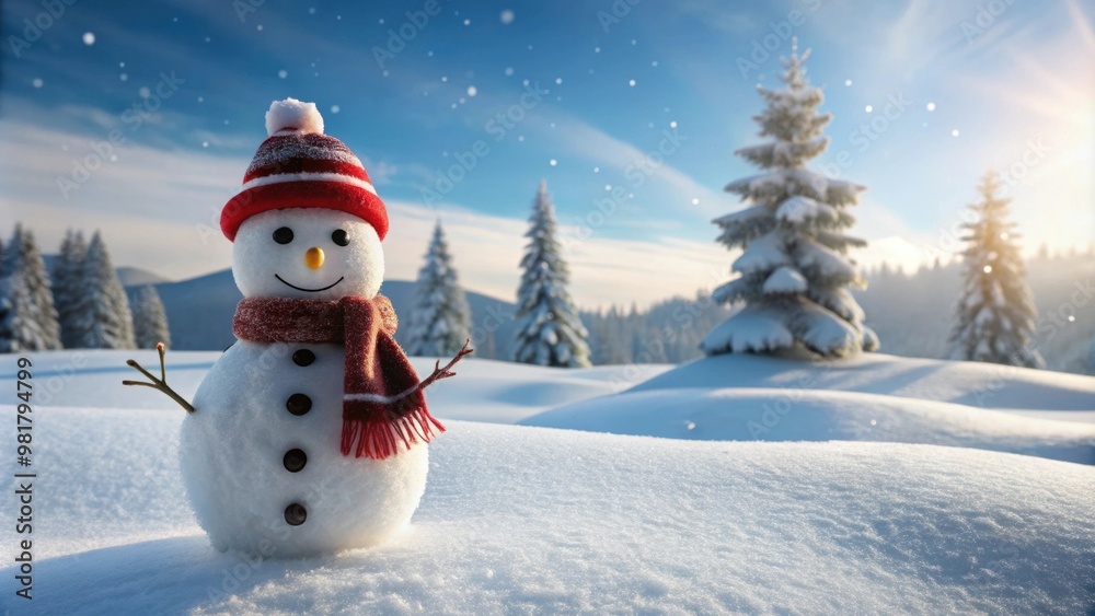 Snowman standing in a snow-covered landscape , winter, holiday, Christmas, festive, cold, white, outdoors, seasonal Snowman standing in a snow-covered landscape , winter, holiday, Christmas, festive, cold, white, outdoors, seasonal