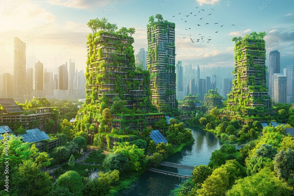 Fototapeta premium A futuristic cityscape with green buildings integrated into nature and waterways.