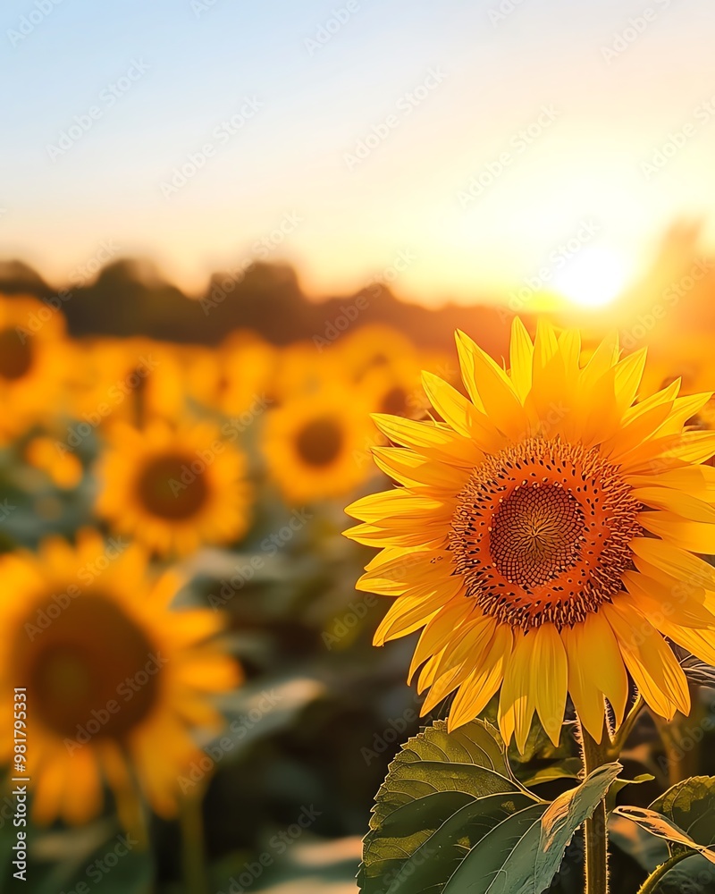 Fototapeta premium A vibrant sunflower basking in golden sunlight, surrounded by a lively field, symbolizing warmth and happiness.