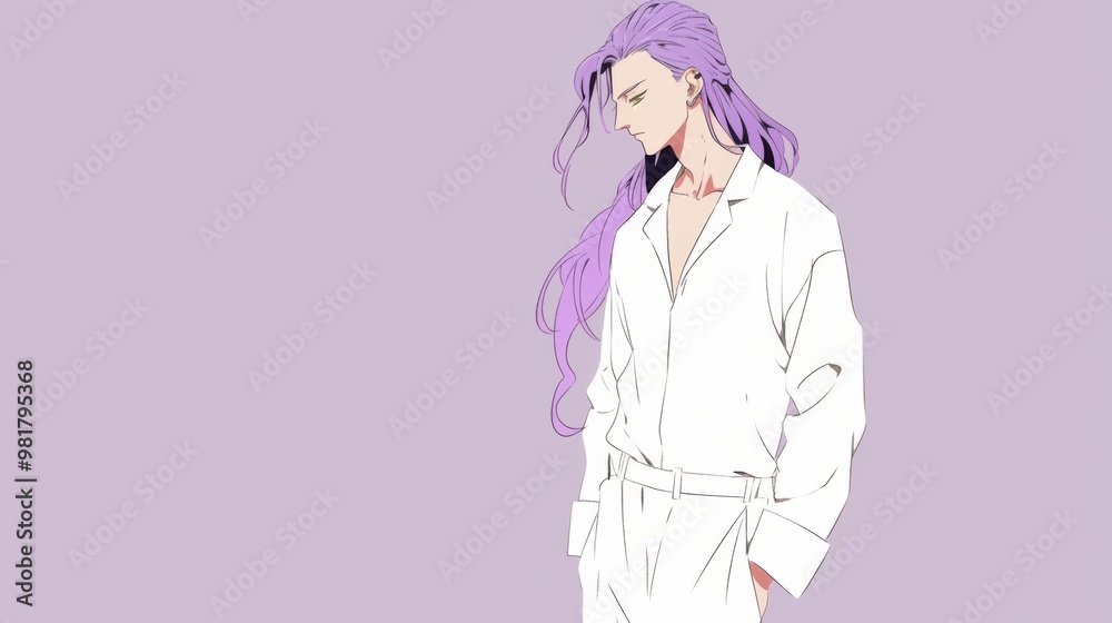A handsome anime-style character with long purple hair is dressed in white pajamas, depicted in a minimalist style with ample copy space A handsome anime-style character with long purple hair is dressed in white pajamas, depicted in a minimalist style with ample copy space
