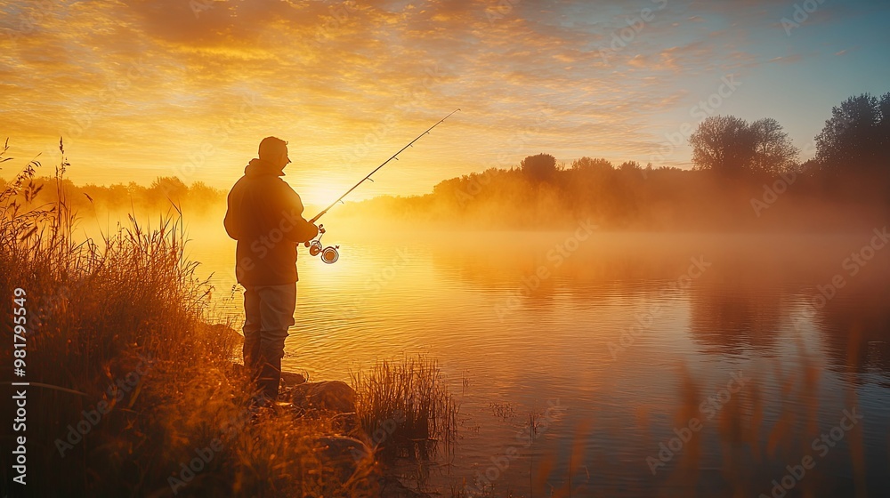 Solitary Fisherman Casting a Line at Sunrise over a Misty River Solitary Fisherman Casting a Line at Sunrise over a Misty River