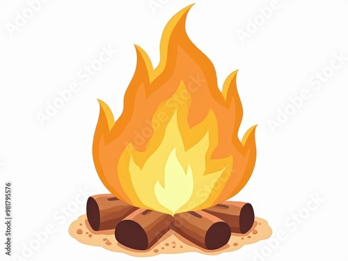 bonfire with wooden logs burning brightly on a white background