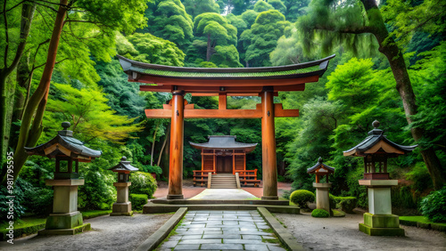 Traditional Japanese shrine surrounded by lush greenery and torii gates , Japan, shrine, Shinto, religion, sacred