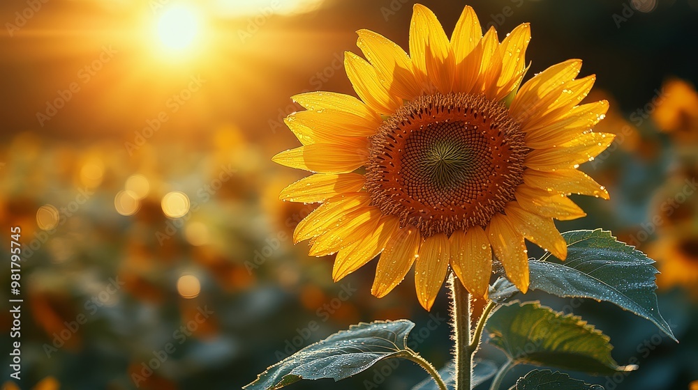 Fototapeta premium Sunflower Field at Sunset with Dew Drops