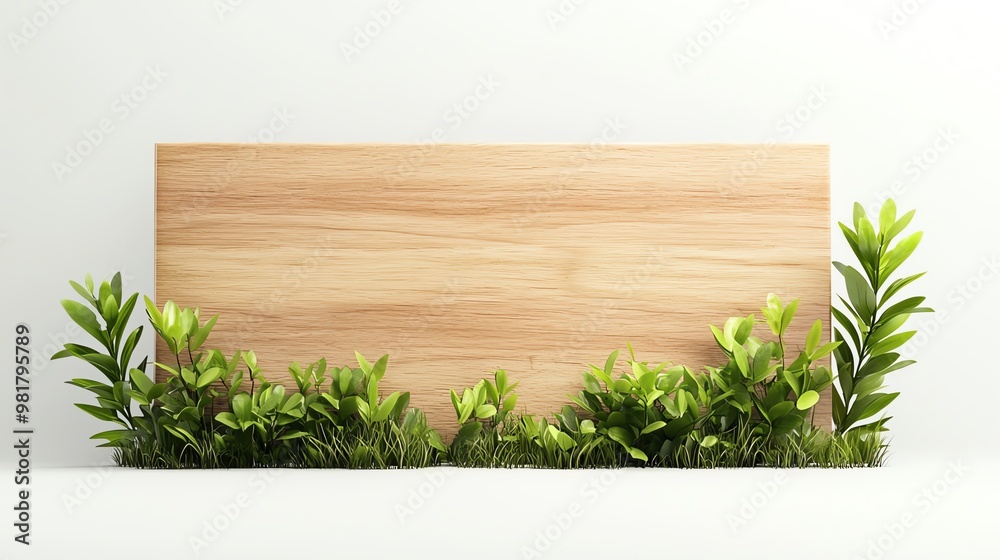 Wooden plank with green plants and grass against a plain background, perfect for nature-themed projects or backgrounds. Wooden plank with green plants and grass against a plain background, perfect for nature-themed projects or backgrounds.