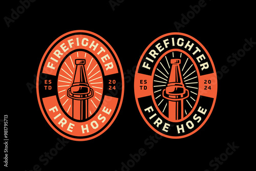 fire hose nozzle, firefighter hose, spray watering gun  retro vintage badge logo vector design collection set for firefighter, rescuer worker, adventure and survivor