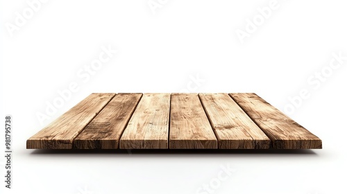 Wooden plank table against white background, perfect for showcasing products or creating stunning visual presentations.