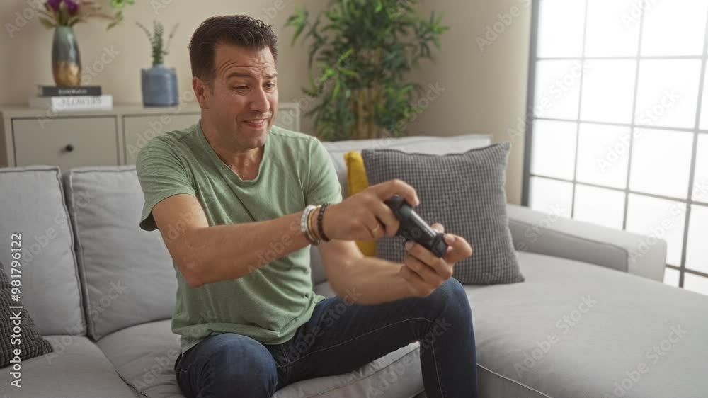 Middle-aged man playing video games passionately in a modern living room, showing excitement while sitting on a gray sofa, with plants and decor in the background Middle-aged man playing video games passionately in a modern living room, showing excitement while sitting on a gray sofa, with plants and decor in the background