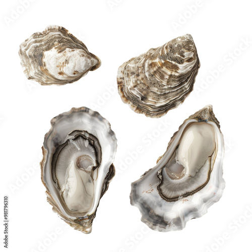 Four raw oysters, closed and open, arranged in a square shape on a black background. photo