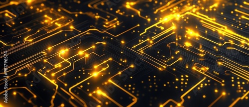 A background of yellow glowing circuit board patterns on black, perfect for a tech-themed mobile wallpaper. The pattern includes intricate designs with gold and white lines representing digital