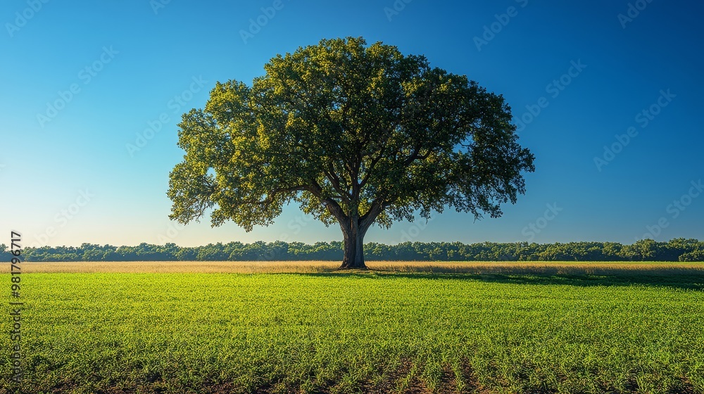 Majestic Oak Tree in a Green Field Landscape Majestic Oak Tree in a Green Field Landscape