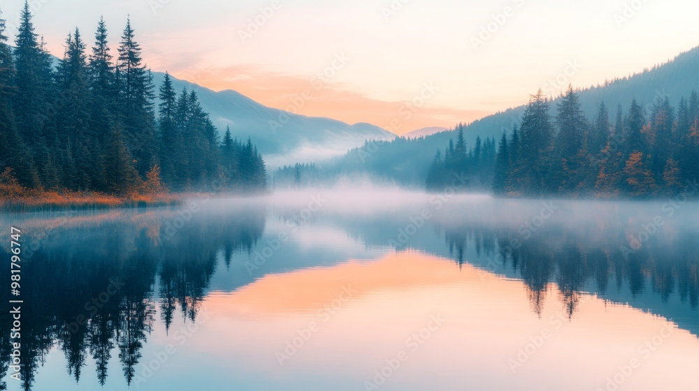 Fototapeta premium Tranquil Foggy Lake Surrounded by Misty Evergreen Forest at Sunrise