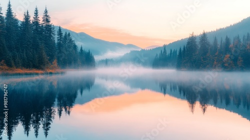 Tranquil Foggy Lake Surrounded by Misty Evergreen Forest at Sunrise