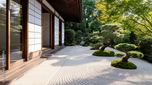 traditional Japanese house with sliding shoji doors, a meticulously raked gravel garden, and bonsai trees placed around the property