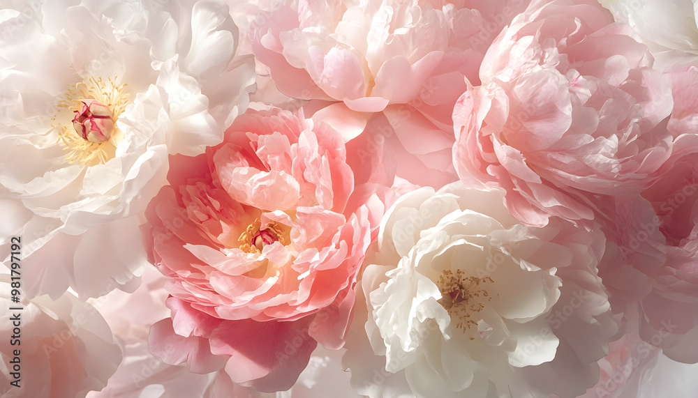 Obraz premium Soft, blooming peonies and roses in pastel shades, adding a delicate and feminine touch