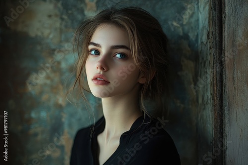 Portrait of young woman with mystery in modern style and vintage backdrop