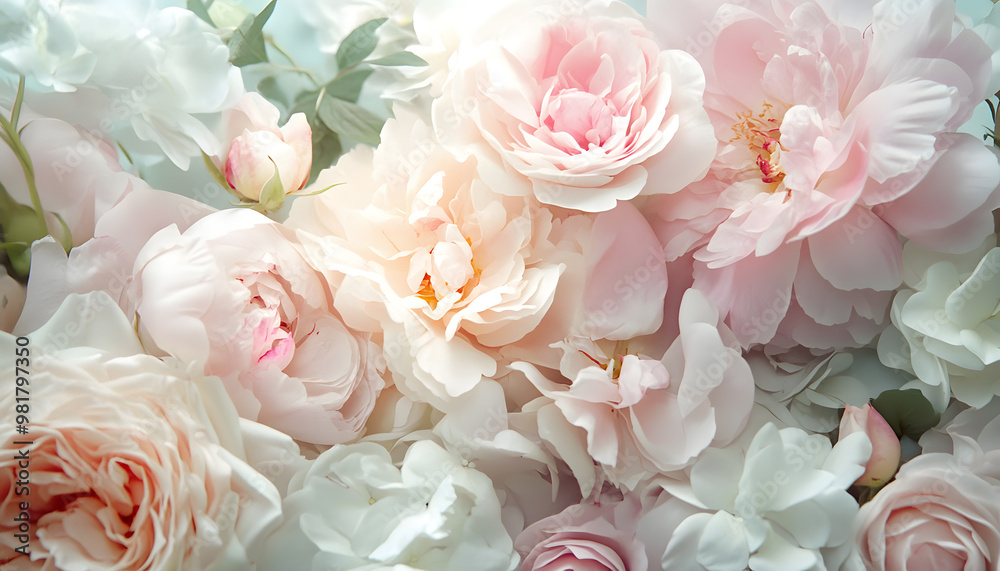 Obraz premium Soft, blooming peonies and roses in pastel shades, adding a delicate and feminine touch