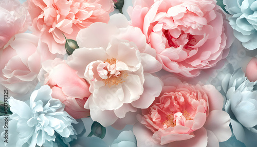 Soft, blooming peonies and roses in pastel shades, adding a delicate and feminine touch