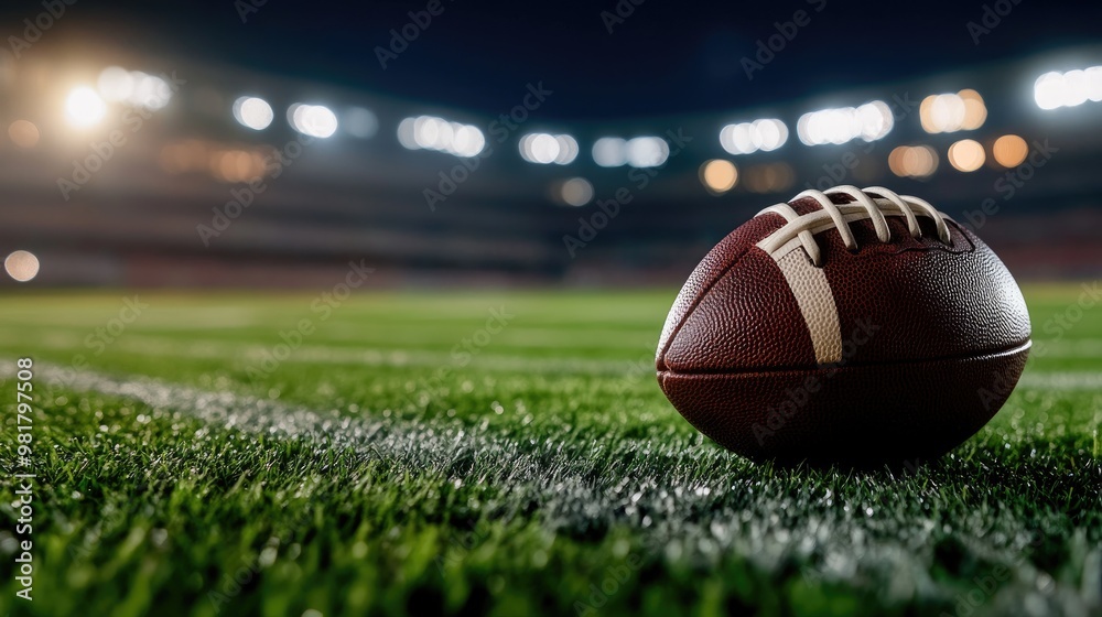 Close-up of a football on a green field with stadium lights in the background Close-up of a football on a green field with stadium lights in the background