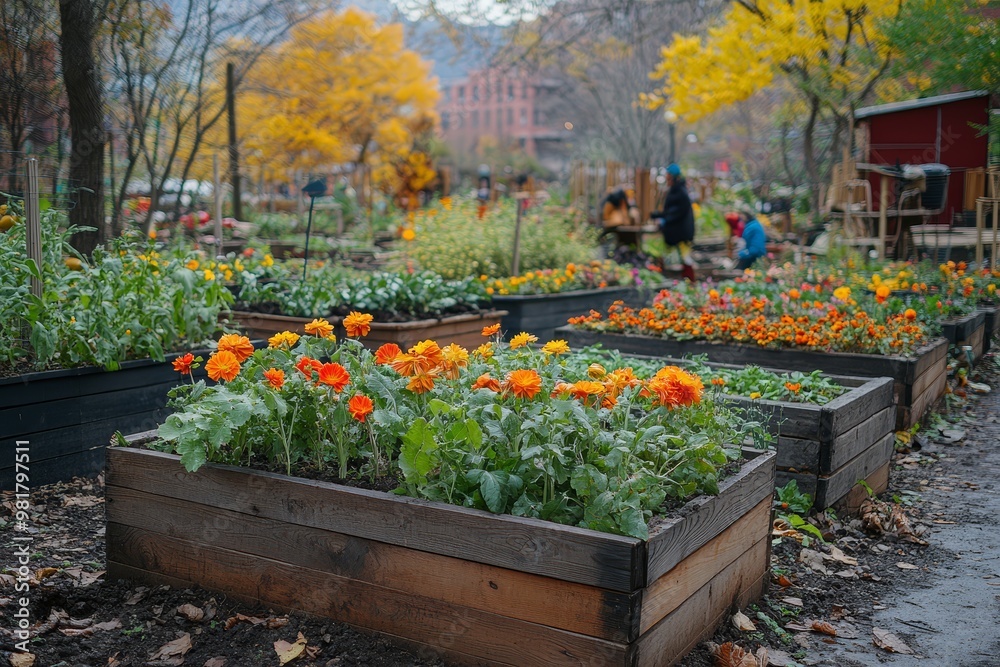 Urban Garden with Orange Flowers in Wooden Raised Beds Urban Garden with Orange Flowers in Wooden Raised Beds