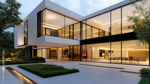 Contemporary house with large floor-to-ceiling windows and minimalist design