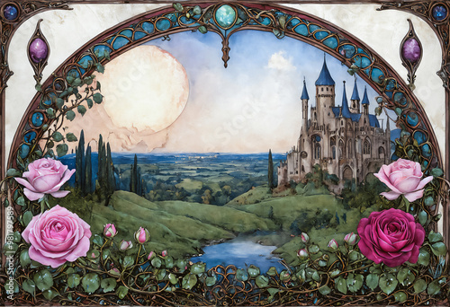 花に彩られたフレームの中に大きな月に照らされた起伏のある土地に建つ教会と田園,AI画像,Generative AI