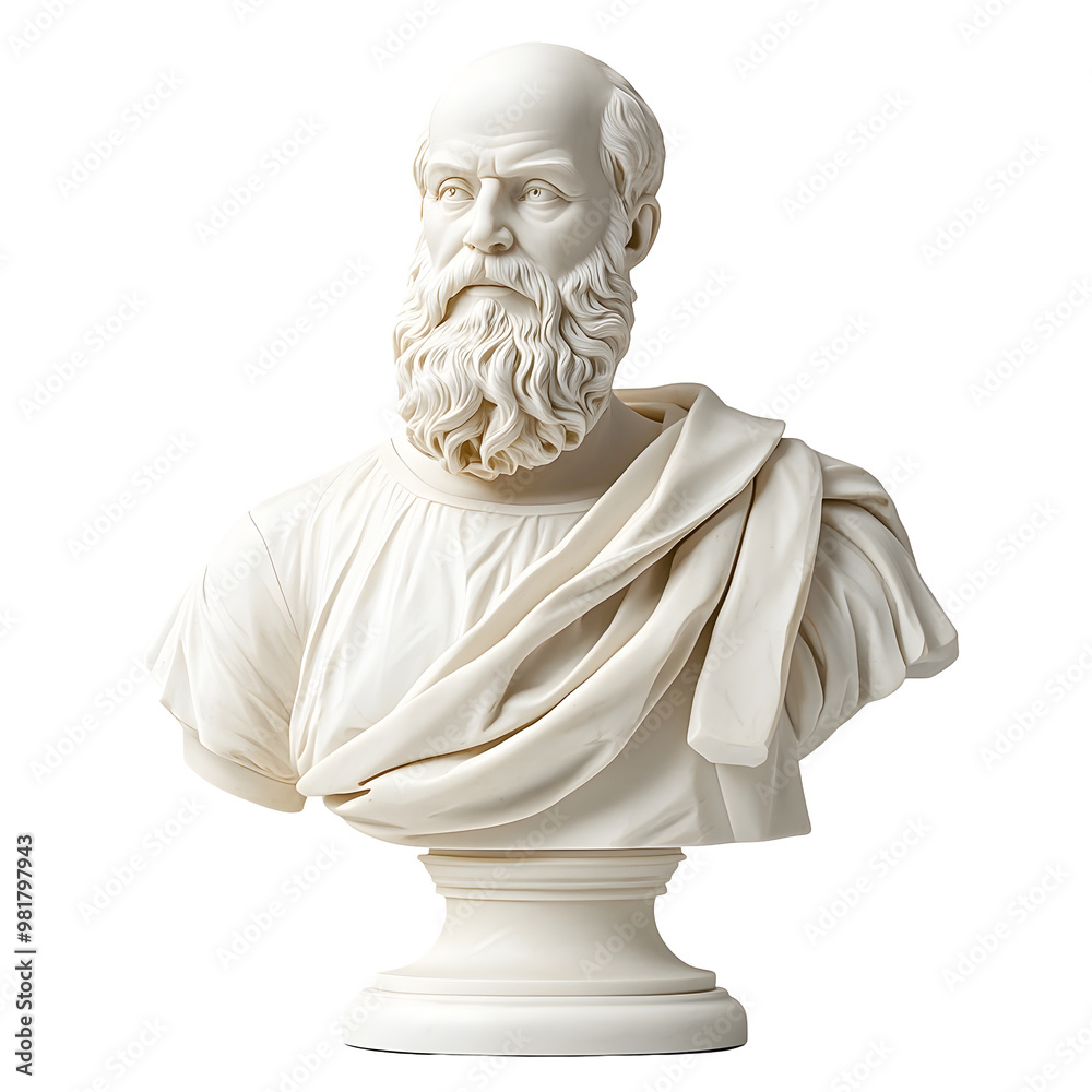 Fototapeta premium Elegant Marble Bust of a Pensive Philosopher on a Clean White Background
