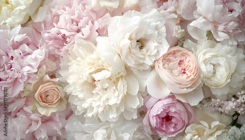 Soft, blooming peonies and roses in pastel shades, adding a delicate and feminine touch