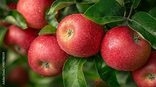 Red Apples with Water Droplets on a Branch