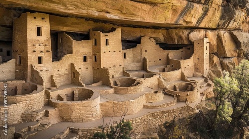 Dramatic Cliff Dwellings Nestled in Rugged Southwestern Landscape photo