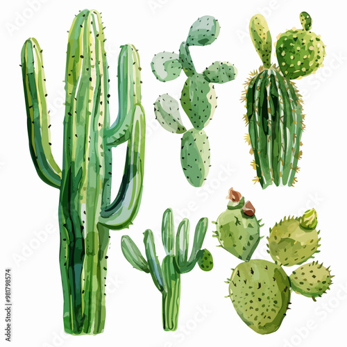 watercolor cactus bush set painting isolated on a white background, set green cactus, vector