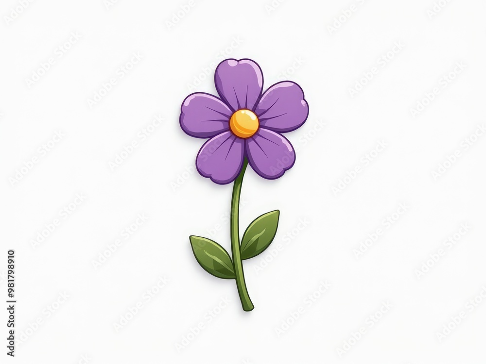 purple flower with a yellow center and green leaves on a white background purple flower with a yellow center and green leaves on a white background