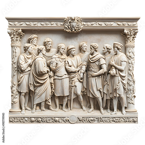 Majestic Renaissance Relief Sculpture of Historical Scene Centered on White Background