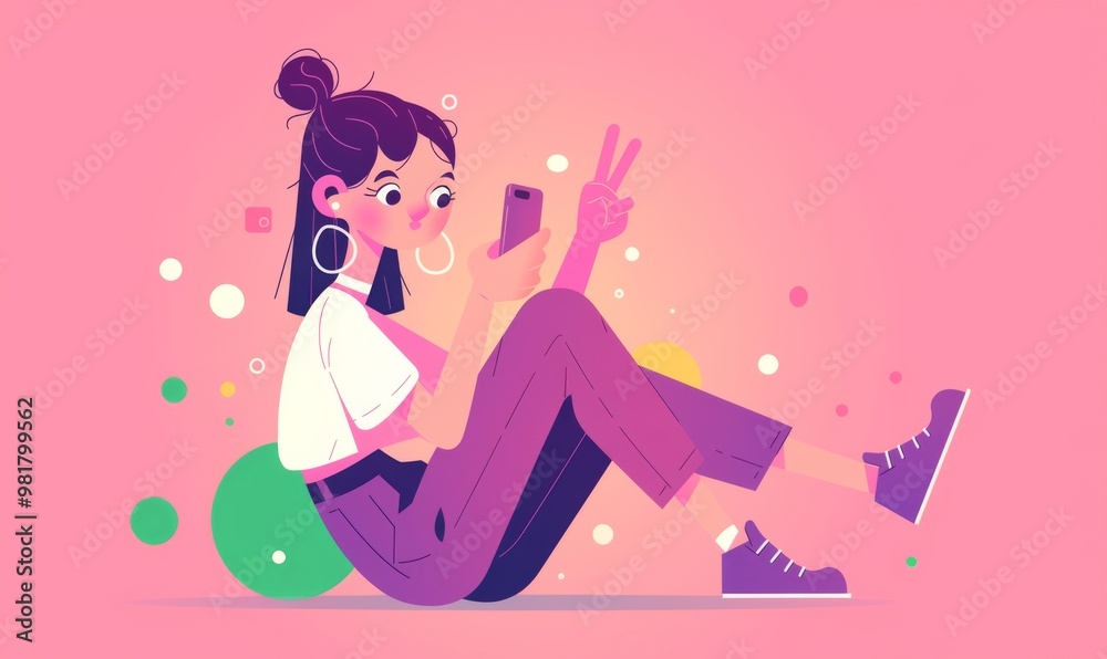 a person sitting atop with a phone, making a peace sign, dressed in purple pants and boots against a vibrant background. a person sitting atop with a phone, making a peace sign, dressed in purple pants and boots against a vibrant background.