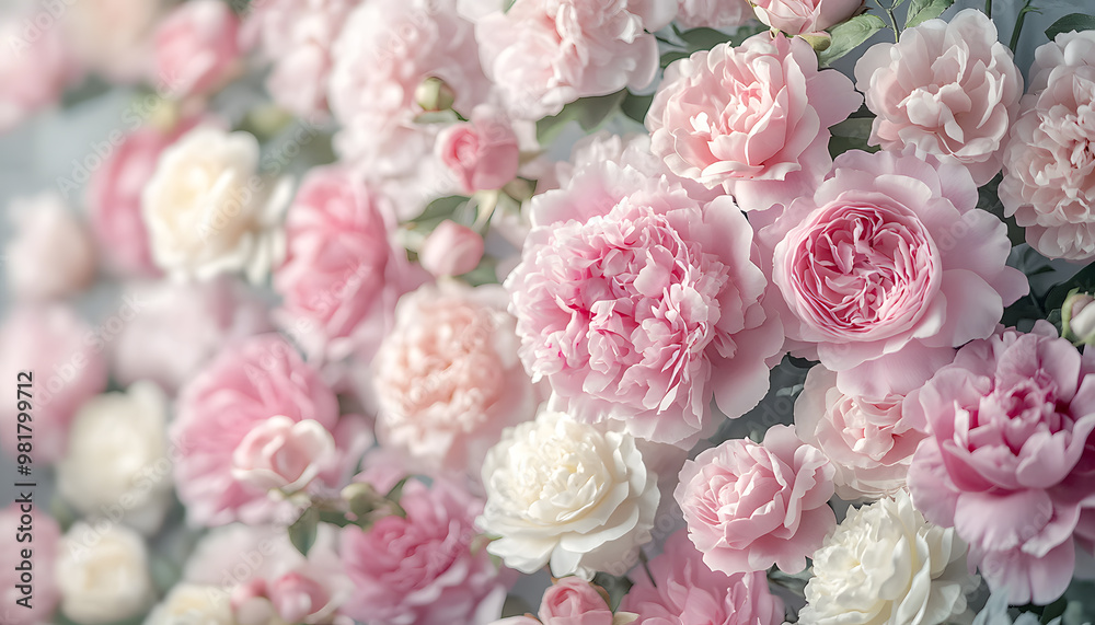 Soft, blooming peonies and roses in pastel shades, adding a delicate and feminine touch Soft, blooming peonies and roses in pastel shades, adding a delicate and feminine touch