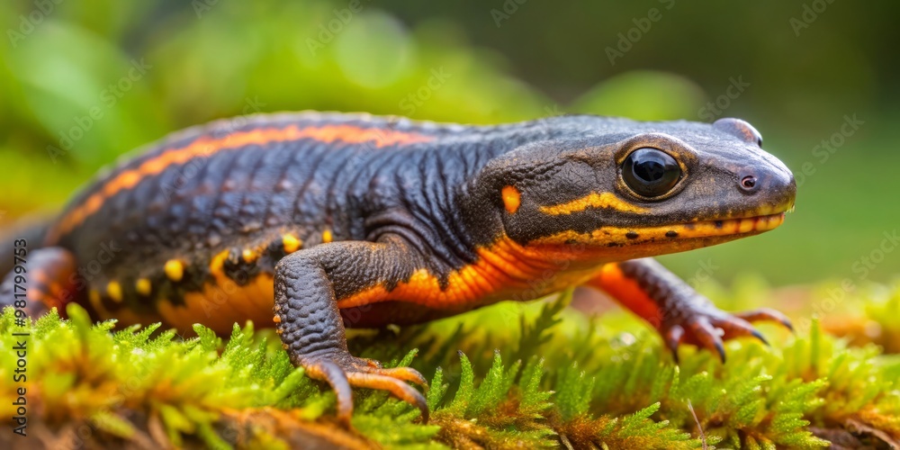 The newt's camouflage is compromised by its vibrant orange and brown hues, with raised ridges on its back The newt's camouflage is compromised by its vibrant orange and brown hues, with raised ridges on its back