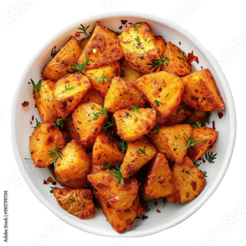 A white bowl filled with crispy roasted potatoes seasoned with herbs and spices.