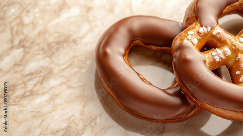 Chocolate covered pretzels with glossy finish sit on marble surface, showcasing their delicious texture and sweet appeal. Perfect for snacking or sharing!