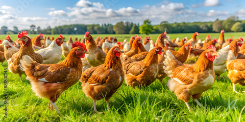 Free range poultry feeding in a grassy field , grey-mottled Guinea fowl, rooster, chicken, free range, feeding, trough