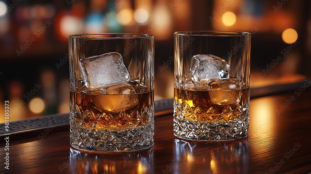 Two crystal glasses of whiskey with ice on wooden bar Two crystal glasses of whiskey with ice on wooden bar