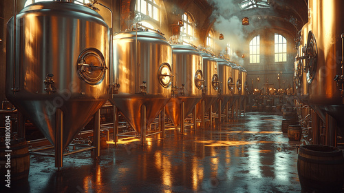 Industrial brewery with large stainless steel fermentation tanks.