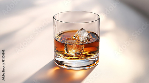 Simple glass of whiskey with ice cube on sunlit surface.