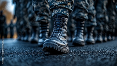 Closeup of a soldier's boots while marching in formation photo