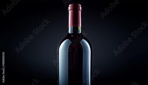 Close-up of a red wine bottle against a black backdrop, emphasizing its sleek design and rich content.