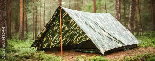 Camouflage tarp set up as a rain shelter, forest downpour, camping survival, concealed campsite setup