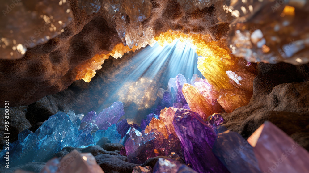 A mystical cave filled with glowing crystals radiates vibrant colors and enchanting light. interplay of hues creates magical atmosphere, inviting exploration and wonder A mystical cave filled with glowing crystals radiates vibrant colors and enchanting light. interplay of hues creates magical atmosphere, inviting exploration and wonder