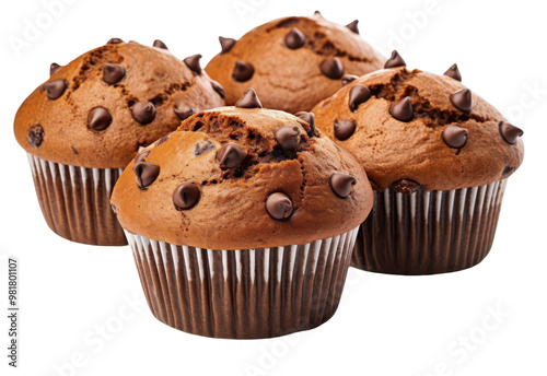 Four freshly baked chocolate chip muffins with a golden-brown crust and chocolate chips visible on top.