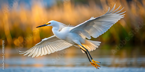Snowy egret gracefully flying with wings outstretched, snowy egret, flying, flight, wings, egret, feathers, graceful, wildlife, bird