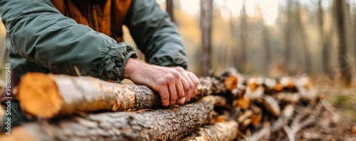 Camper creating a windbreak from logs and branches, forest setting, camping survival, wind protection strategies