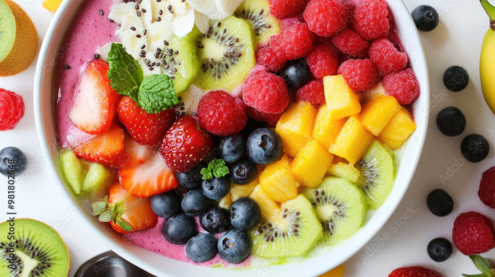 A healthy smoothie bowl with vibrant fruits like strawberries, raspberries, mango, and kiwi, topped with yogurt and mint leaves, offers refreshing and nutritious treat A healthy smoothie bowl with vibrant fruits like strawberries, raspberries, mango, and kiwi, topped with yogurt and mint leaves, offers refreshing and nutritious treat